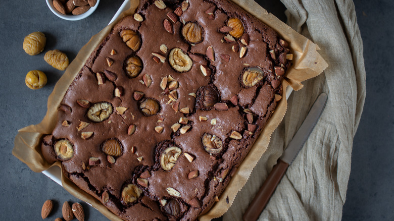 Chestnut brownies fresh out of the oven, still in the pan