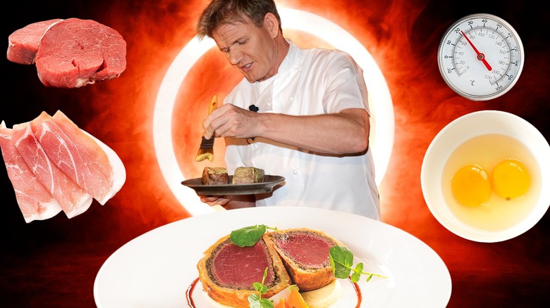 Gordon Ramsay surrounded by beef Wellington ingredients and slices on plate