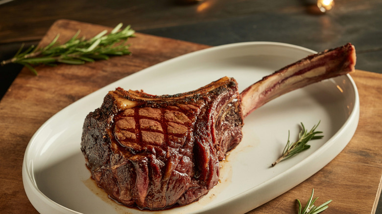Tomahawk steak on a plate with thyme