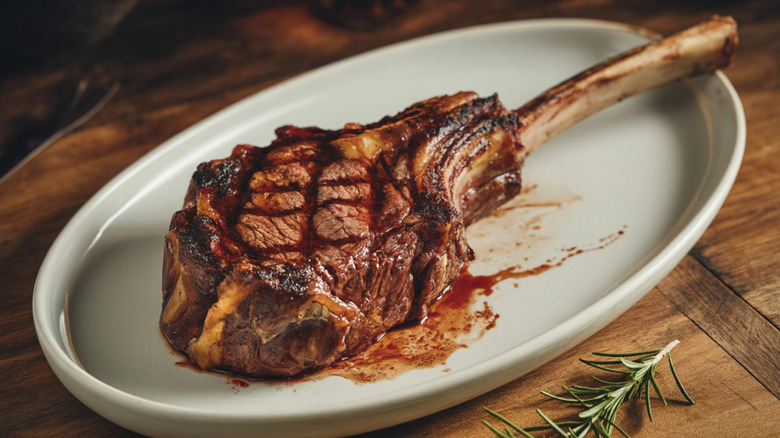 A tomahawk steak sits on an oval white plate with thyme on the side