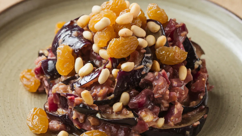 Eggplant caponata topped with golden raisins