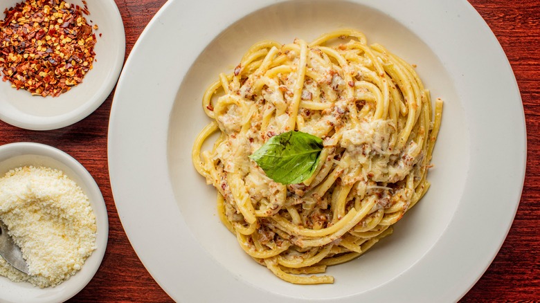 A creamy plate of spaghetti