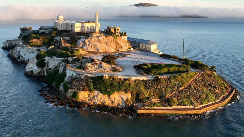 Drone shot of the Alcatraz Prison, highlighting its isolated location surrounded by water