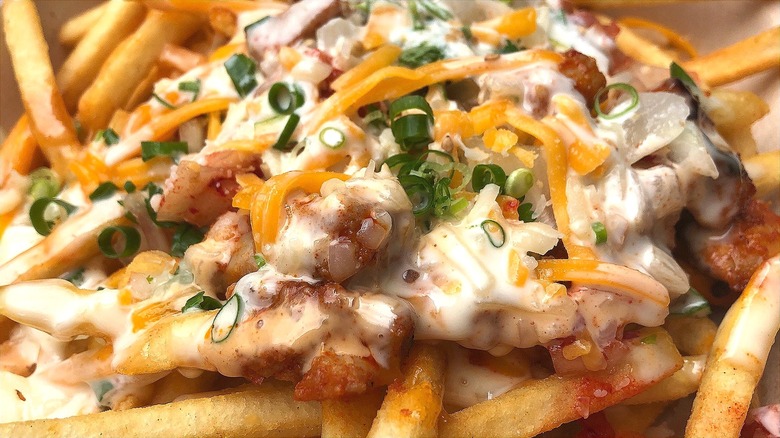 French fries covered in kimchi, cheddar cheese, mayonnaise, and scallions