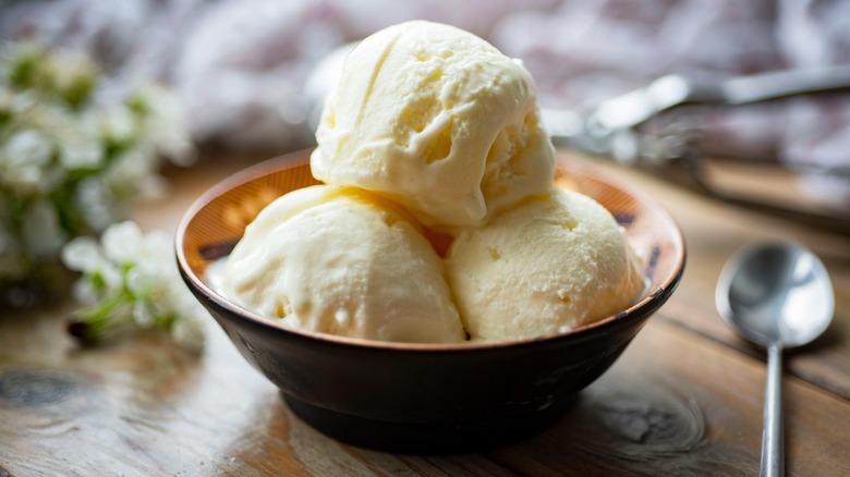 A bowl of vanilla ice cream with a spoon on the side