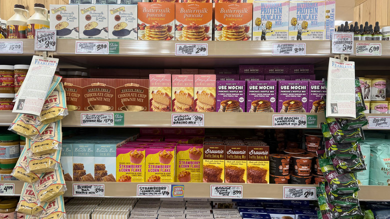 A selection of Trader Joe's baking mixes on store shelves