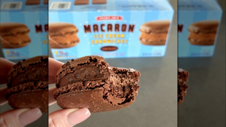 Hand holding a Trader Joe's Macaron Ice Cream Sandwich with packaging in background