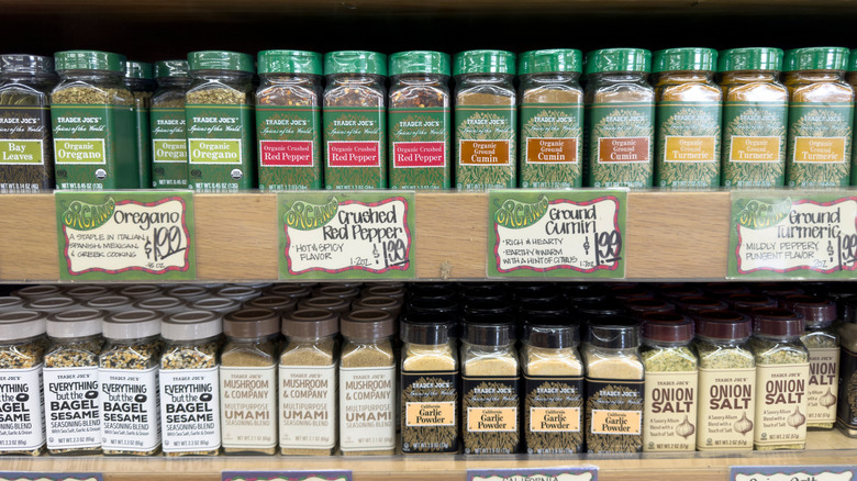 Shelves of various spices and seasoning blends in store at Trader Joe's.