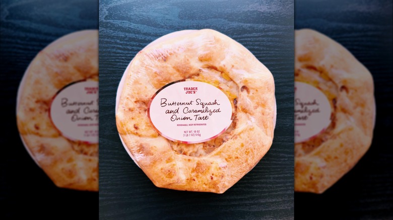 Butternut Squash and Caramelized Onion Tart in plastic wrap