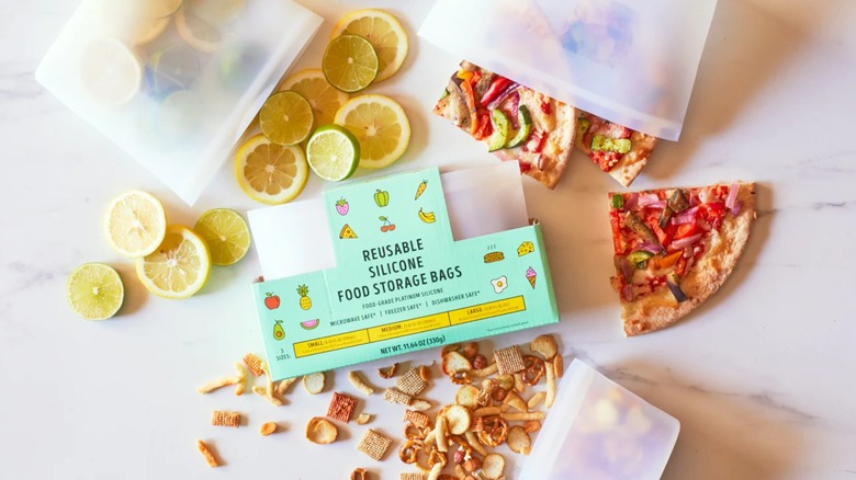 Trader Joe's reusable food storage bags with various items stored inside