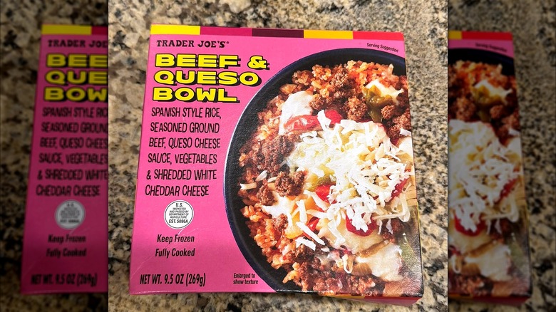 Close-up of Trader Joe's Beef & Queso Bowl