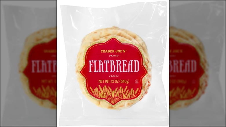 A package of Trader Joe's Flatbread on a white isolated background