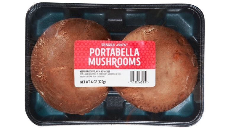 A package of Trader Joe's Portabella Mushrooms on a white isolated background