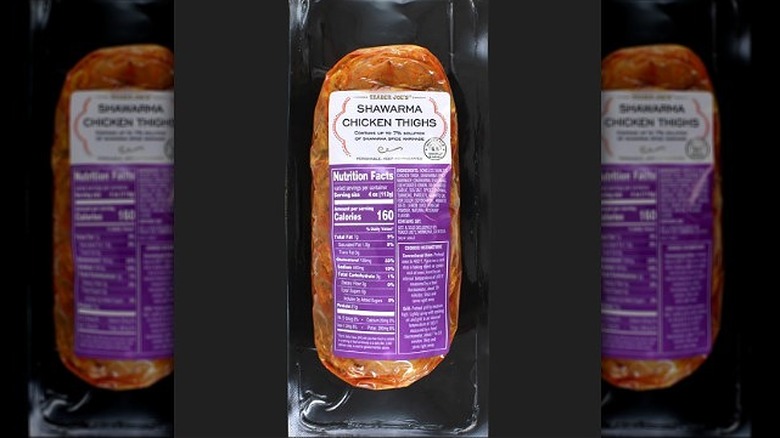 A package of Trader Joe's Shawarma Chicken Thighs on a white isolated background