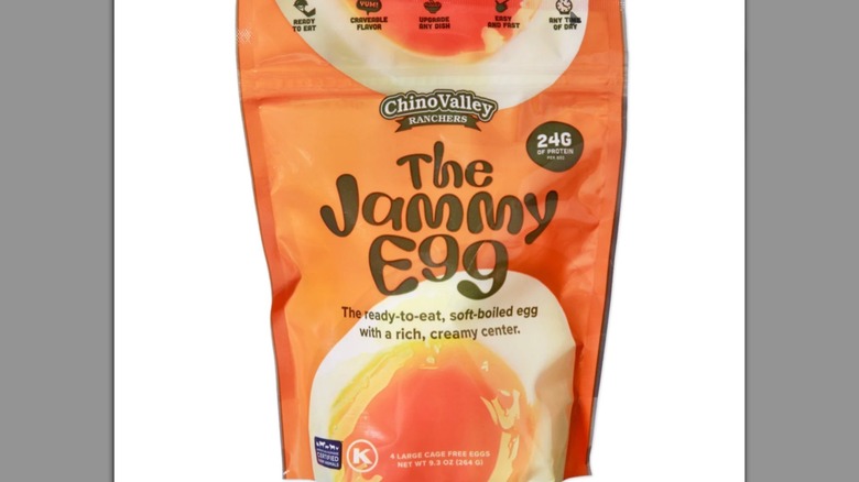 An orange package of Chino Valley Ranchers with imagery of a jammy egg.