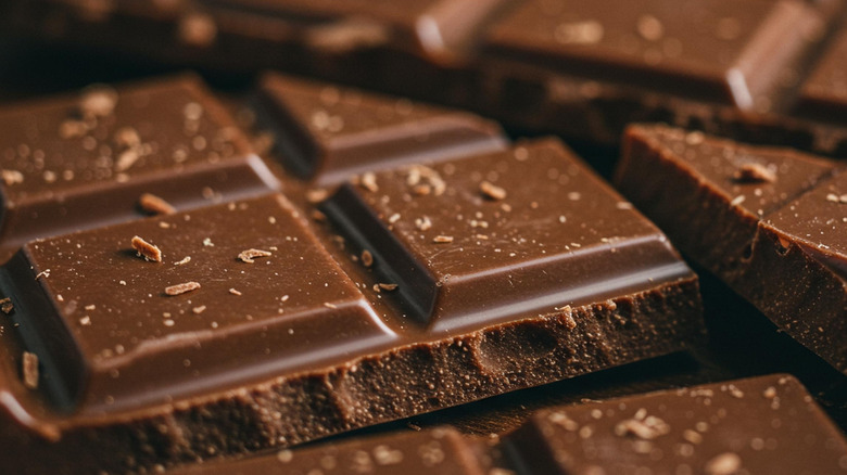 Close-up of chunks of dark chocolate bars