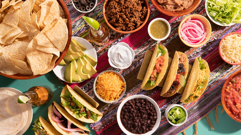 Spread of tacos and taco fillings