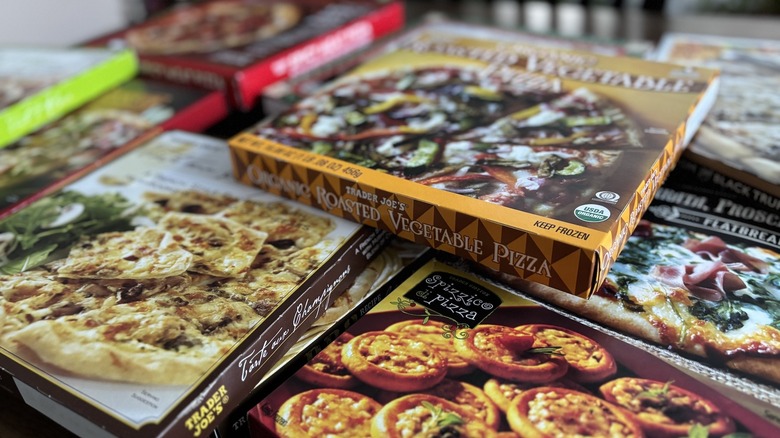 Trader Joe's pizzas arranged in grid on table