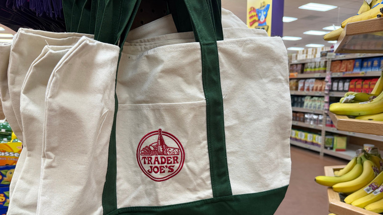 A display of Trader Joe's tote bags