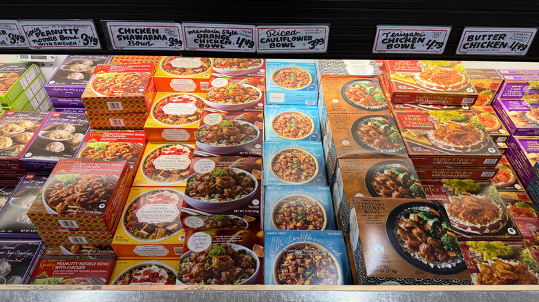 Trader Joe's frozen meals lined inside a freezer
