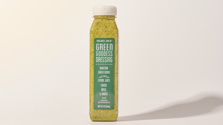 green goddess dressing bottle on a table