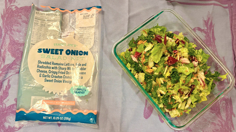 A prepared Sweet Onion Salad next to its empty bag