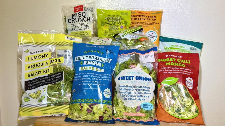 Bagged salads from Trader Joe's in a group