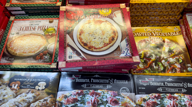 Boxes of Trader Joe's pizza