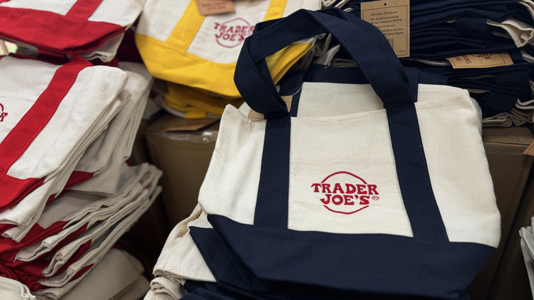 Trader Joe's tote bags in a stack