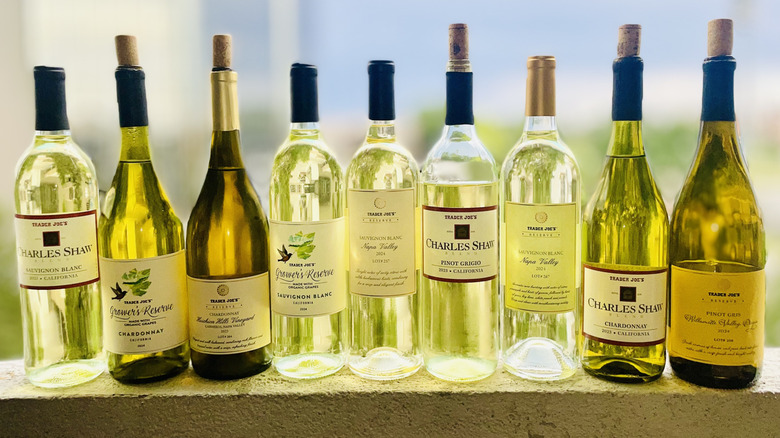 Nine Trader Joe's white wine bottles sitting on an outdoor ledge in sunlight