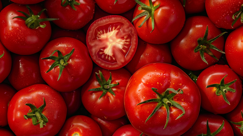 A display of red, ripe tomatoes.
