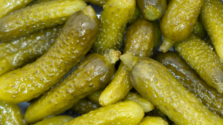 Close up of baby dill pickles.