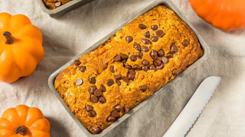close-up of a pumpkin bread with chocolate chips