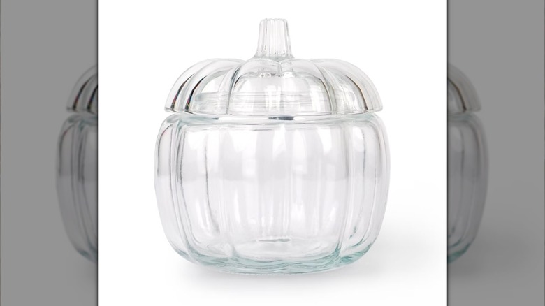 A clear glass pumpkin vessel jar from Target with nothing in it.