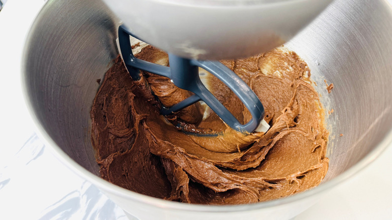 Smooth chocolate batter in stand mixer