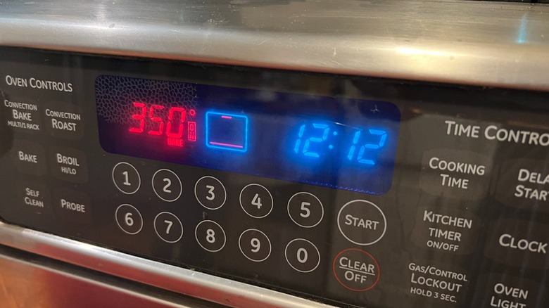 Oven control panel with temperature reading 350 degrees Fahrenheit