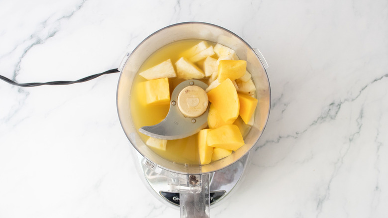 Mango and pineapple chunks in food processor