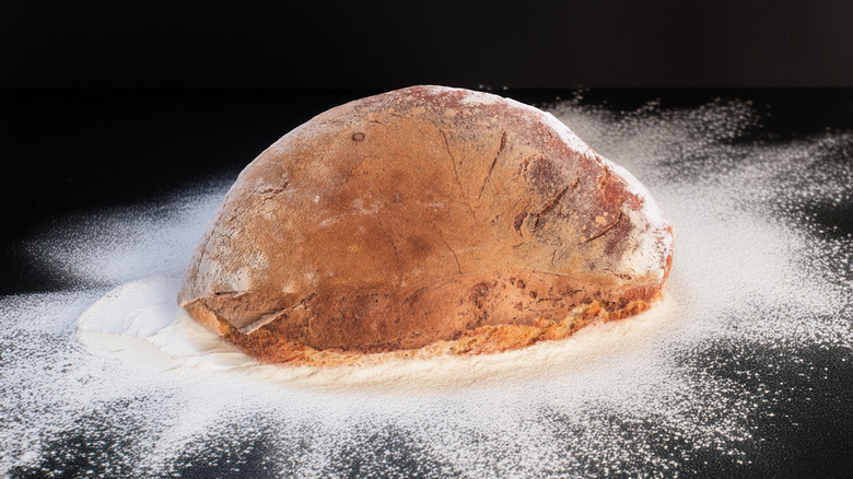 Baked bread with a crusty exterior, flour scattered around it, on a black background.