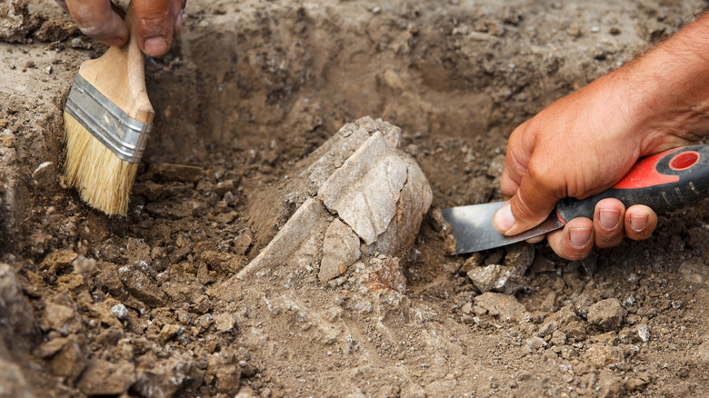 Two hands digging through the ground with tools.
