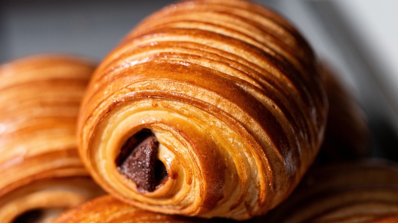 Closeup of a chocolate filled croissant