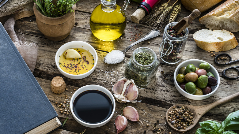 An array of Mediterranean ingredients, on a table.