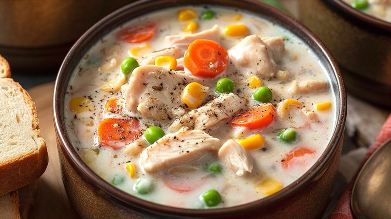 Bowl of creamy chicken soup with corn, peas, and sliced carrots