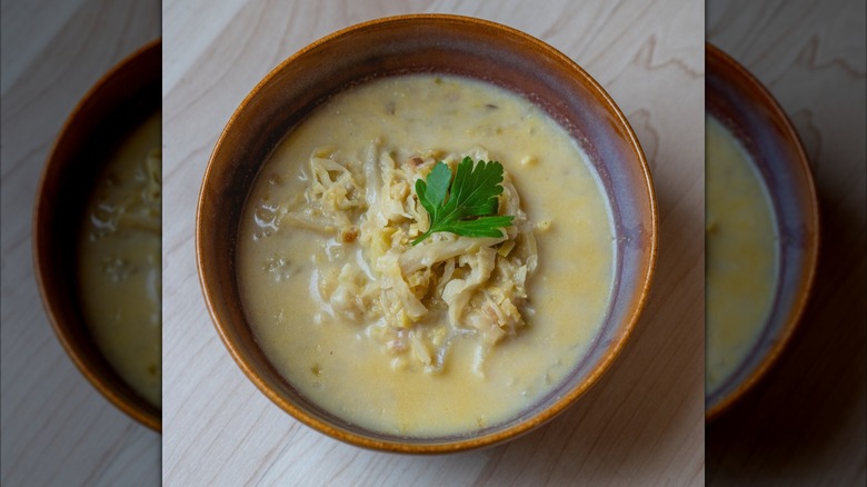 Overhead shot of a copper-colored ceramic bowl filled with creamy cabbage and chicken soup garnished with a parsley leaf
