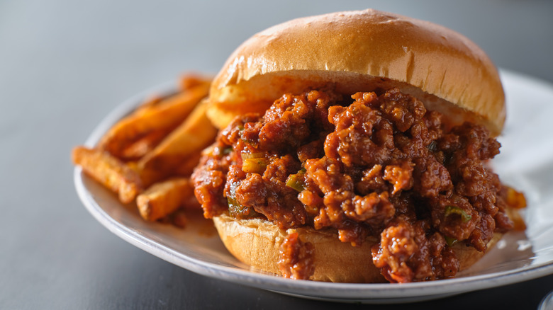 A sloppy joe sandwich with fries.