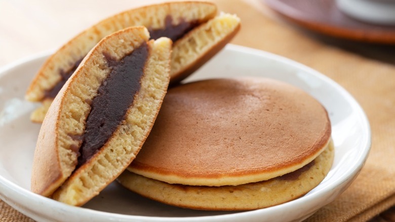 Dorayaki cut in half on a plate