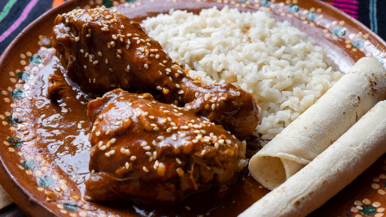 Mexican mole with chicken and rice.