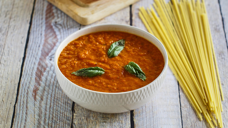 romesco sauce with dried spaghetti on the side