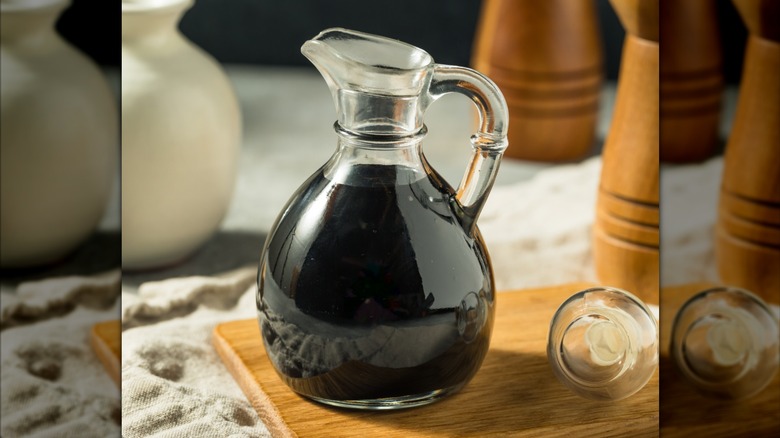 balsamic glaze in a glass pitcher