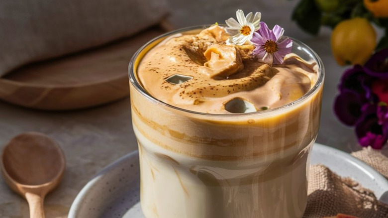 Iced peanut butter latte with flowers