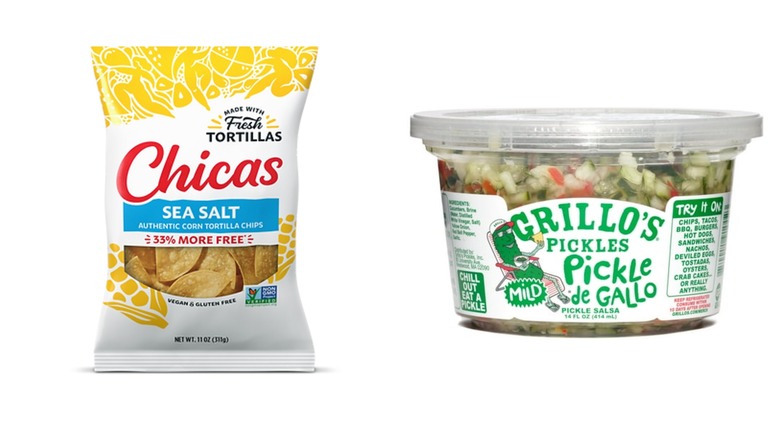 A split image of Chicas Sea Salt Tortilla Chips and Grillo's Pickles Pickle de Gallo Pickle Salsa on a white background